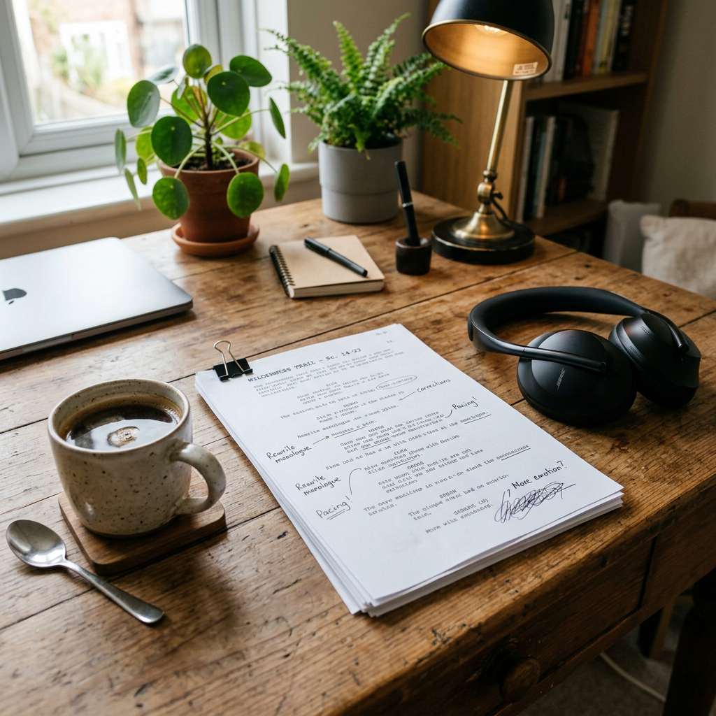 Stack of script pages with handwritten notes on a wooden desk with coffee, plants, and headphones